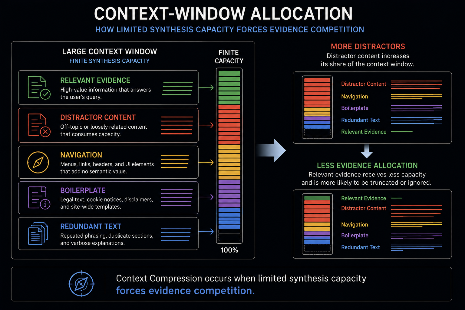 Diagram illustrating context-window allocation in AI retrieval systems, showing how relevant evidence competes with distractor content, navigation, boilerplate, and redundant text for limited synthesis capacity.